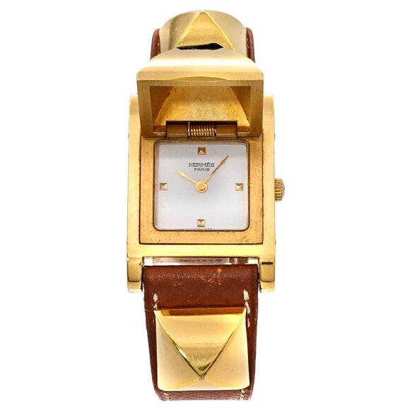 HERMES Medor ME1.201 Pyramid Gold studs White Dial Ladies Watch 90274746 - Picture 1 of 13